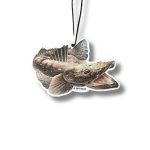 Switchbait flathead fish air freshener in vanilla scent with black hanging cord.