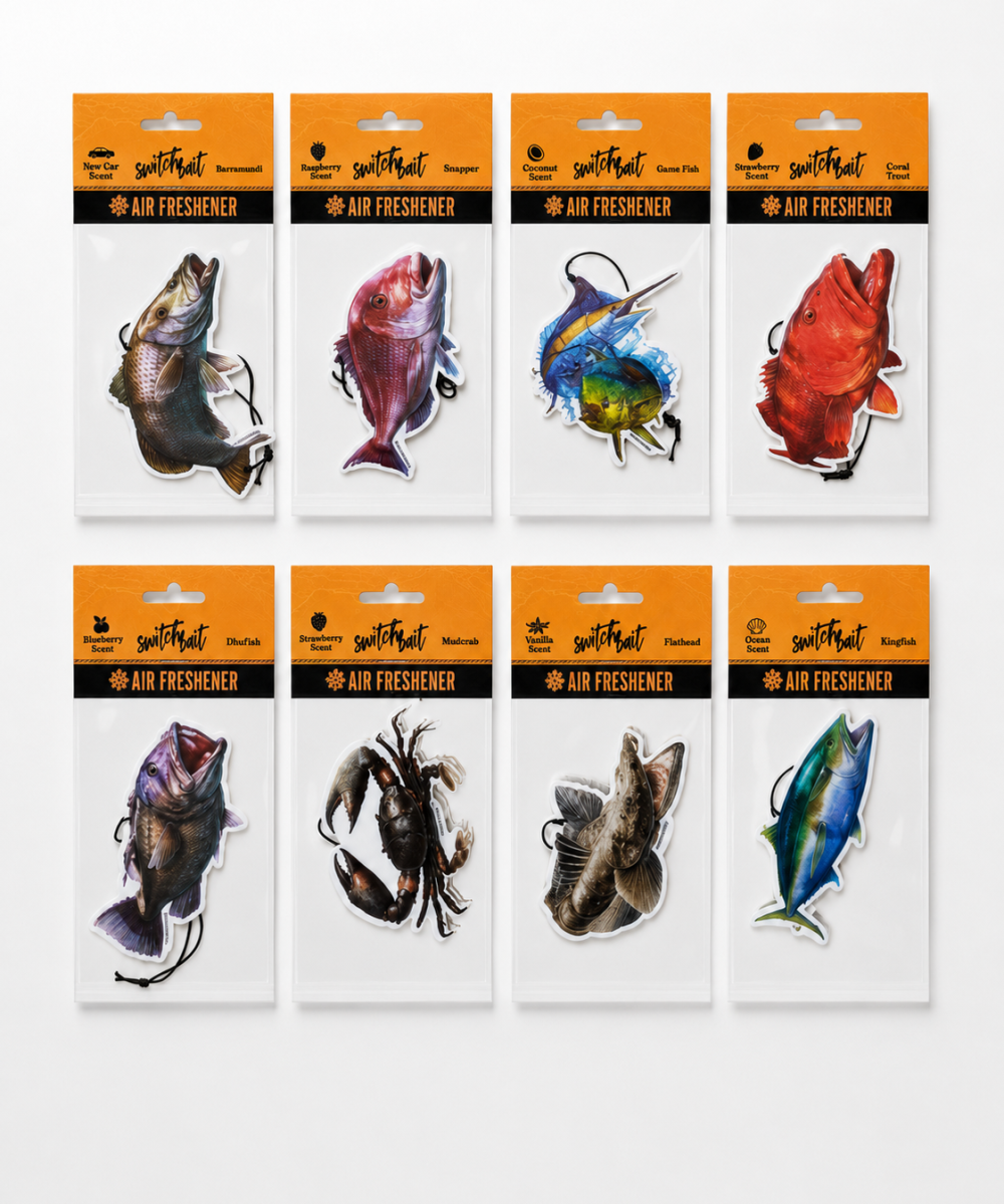 Switchbait 8 pack Australian fish species air fresheners in retail packaging, featuring barramundi, snapper, game fish, coral trout, dhufish, mudcrab, flathead and kingfish designs.