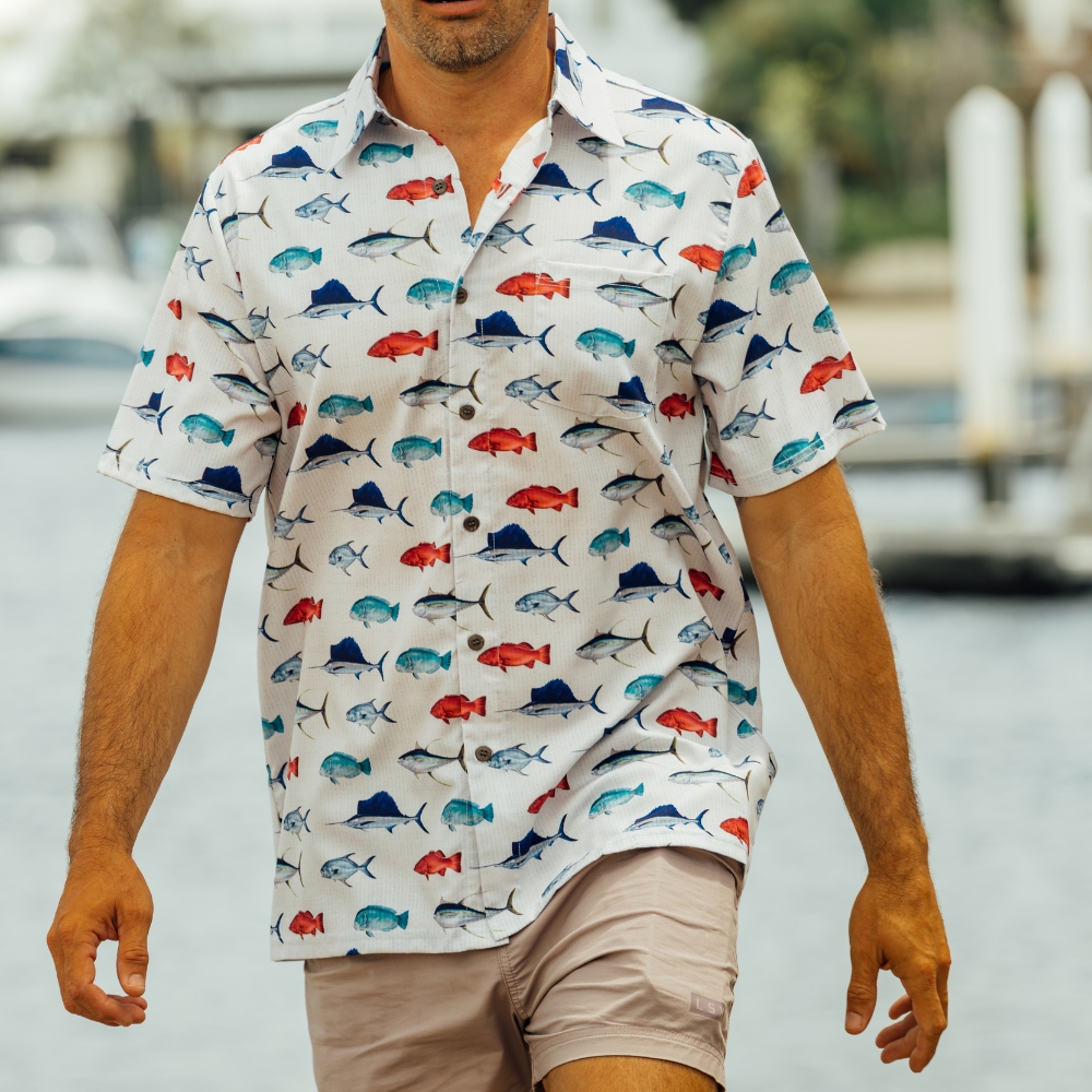 Front view of Bluewater gamefishing button-up shirt showing detailed fish print design