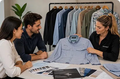Consultation team discussing fabrics