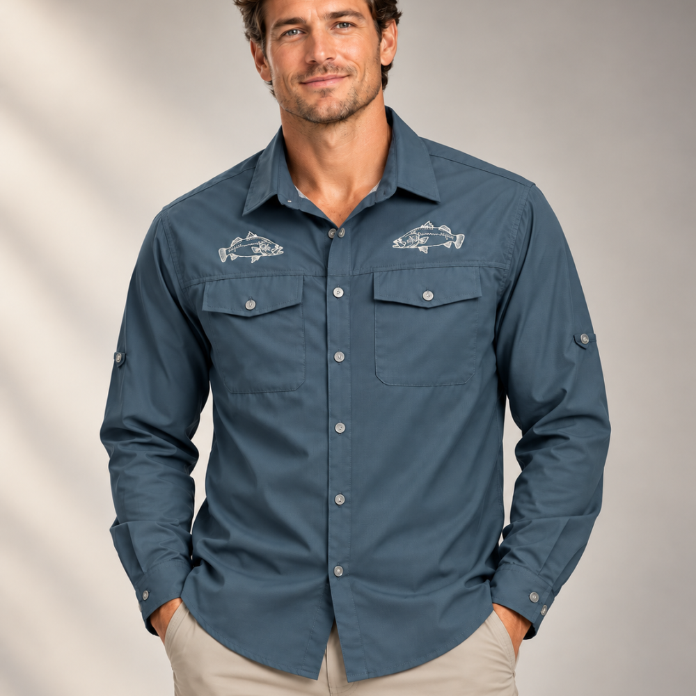 Studio shot if the Atlantic blue Easy fisher shirt with Barra emb