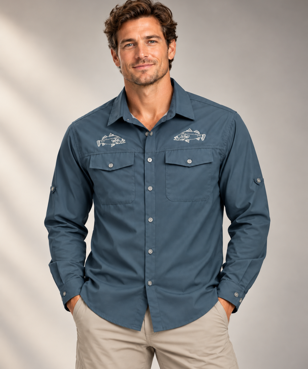 Studio shot if the Atlantic blue Easy fisher shirt with Barra emb