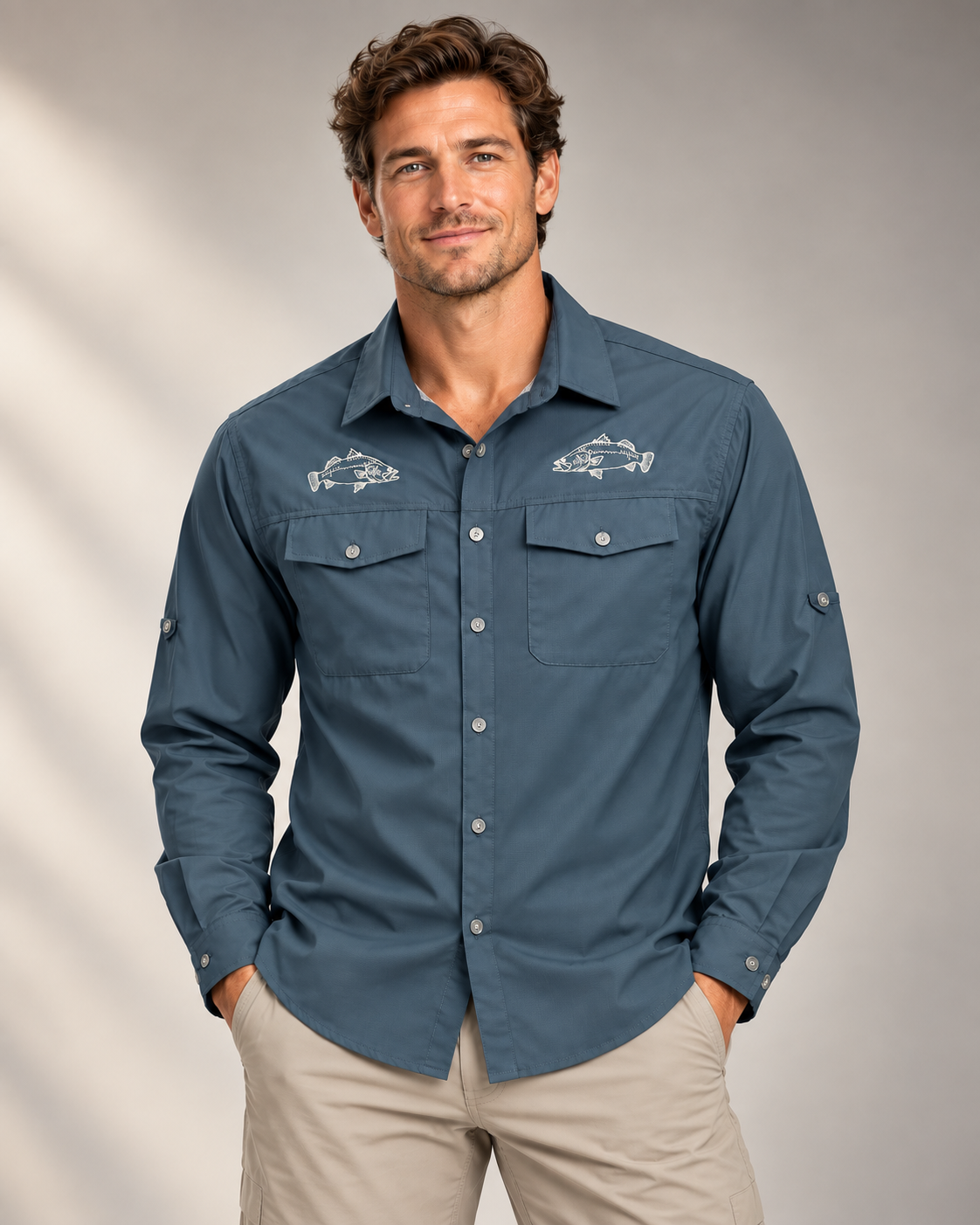 Studio shot if the Atlantic blue Easy fisher shirt with Barra emb Studio shot if the Atlantic blue Easy fisher shirt with Barra emb