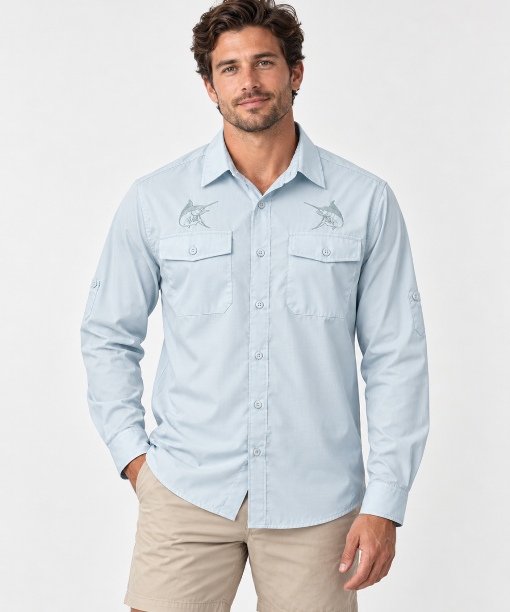 Model in Sky Blue Easy Fisher with marlin Embroidery