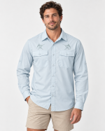 Model in Sky Blue Easy Fisher with marlin Embroidery