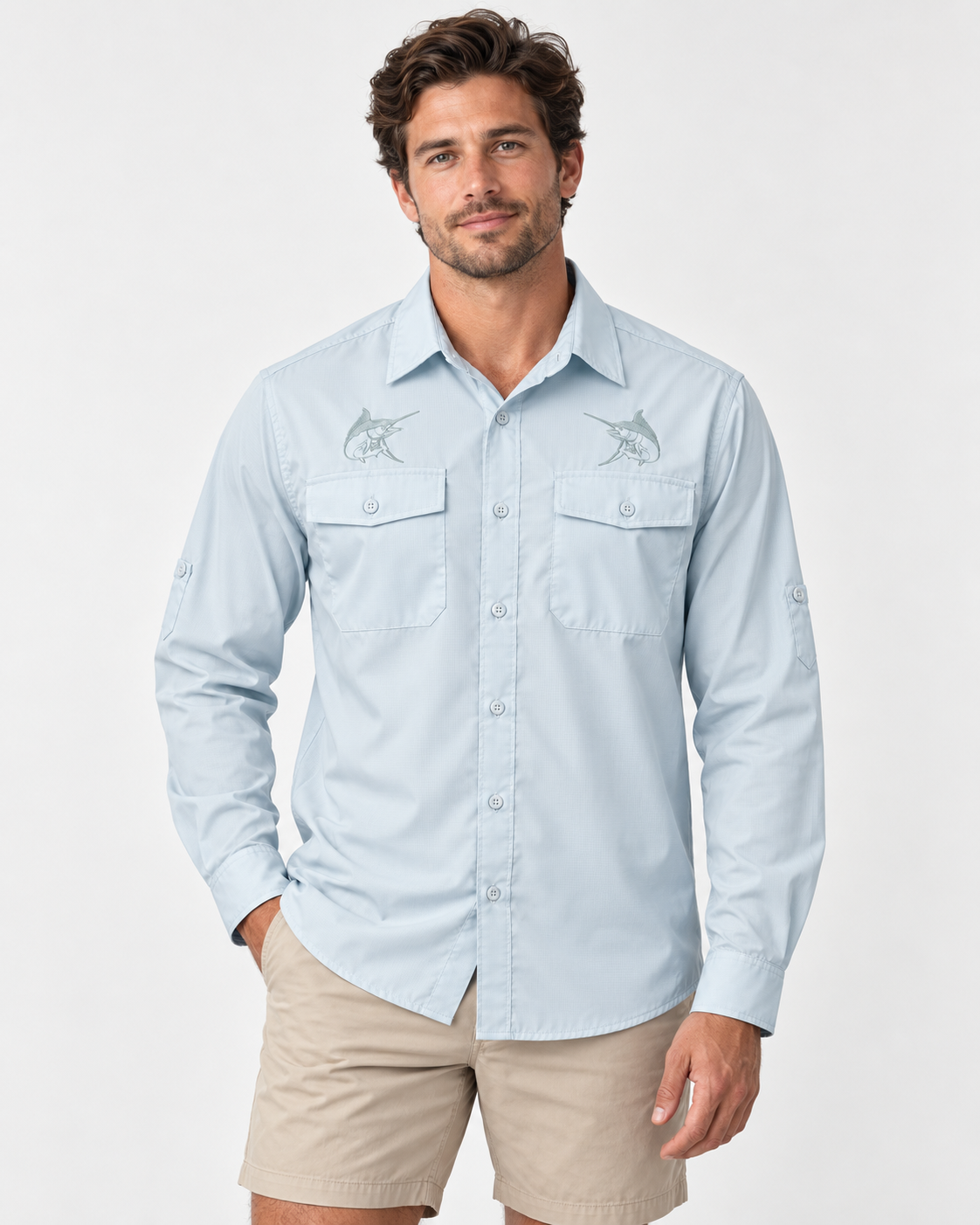 Model in Sky Blue Easy Fisher with marlin Embroidery Model in Sky Blue Easy Fisher with marlin Embroidery
