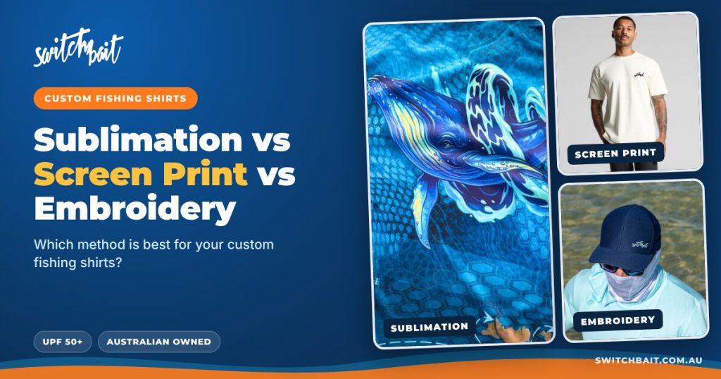 Comparison of sublimated, screen-printed and embroidered custom fishing shirts by Switchbait